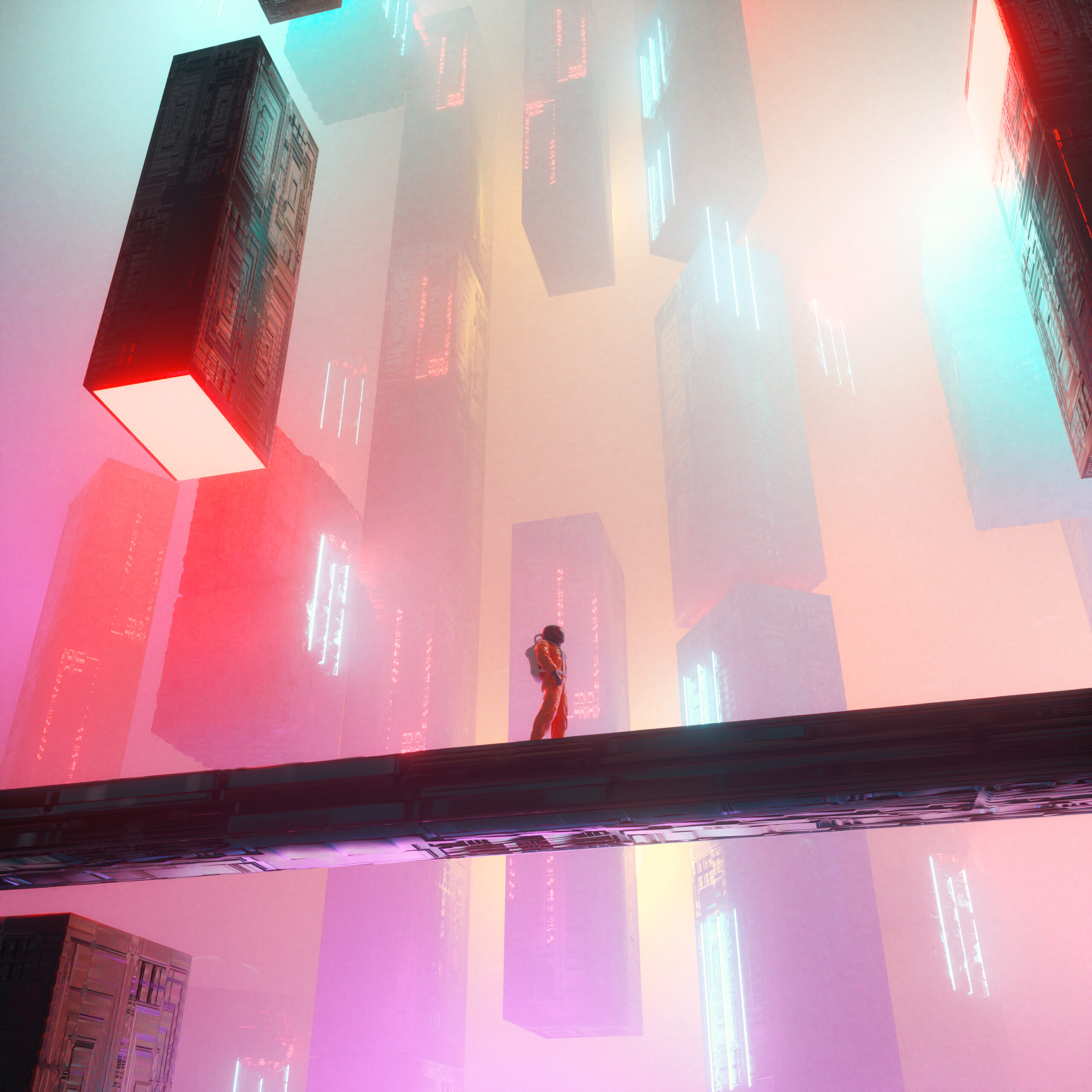 Futuristic scene with a person standing on a bridge surrounded by floating illuminated rectangular structures in various colors