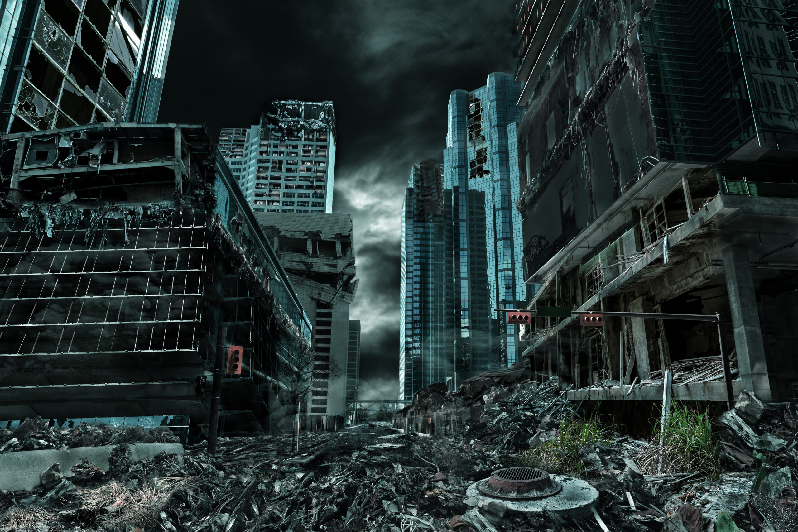 Post-apocalyptic cityscape with collapsed skyscrapers and scattered debris under a dark sky.