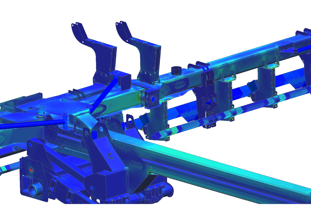 Close up of farm equipment showing stress analysis in Simcenter 3D