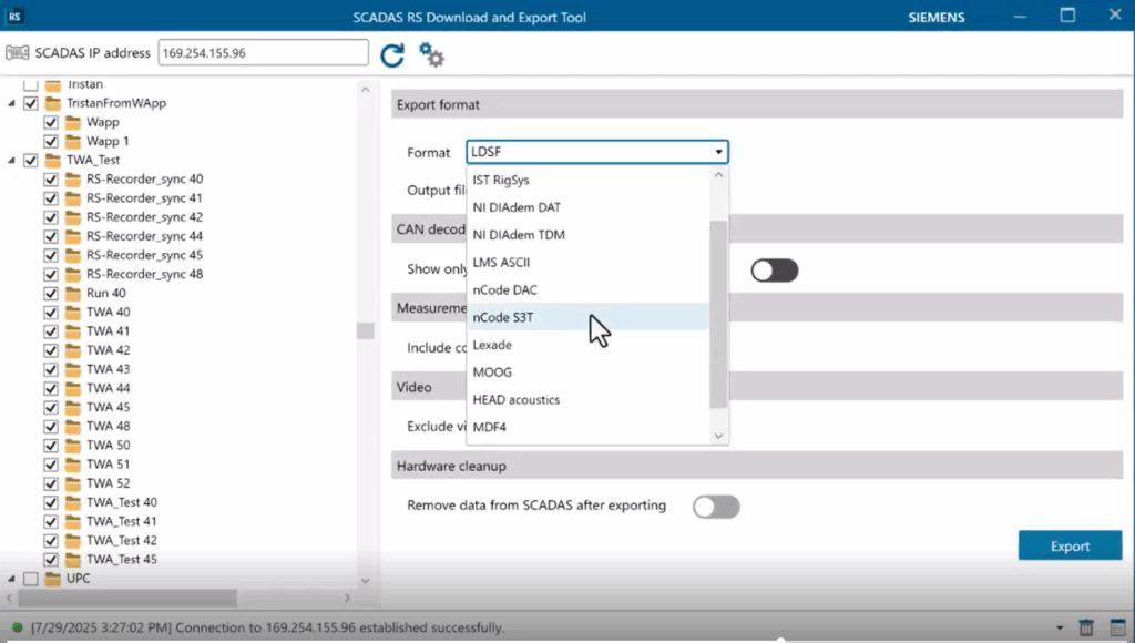 Export data from Simcenter SCADAS RS to third-party formats