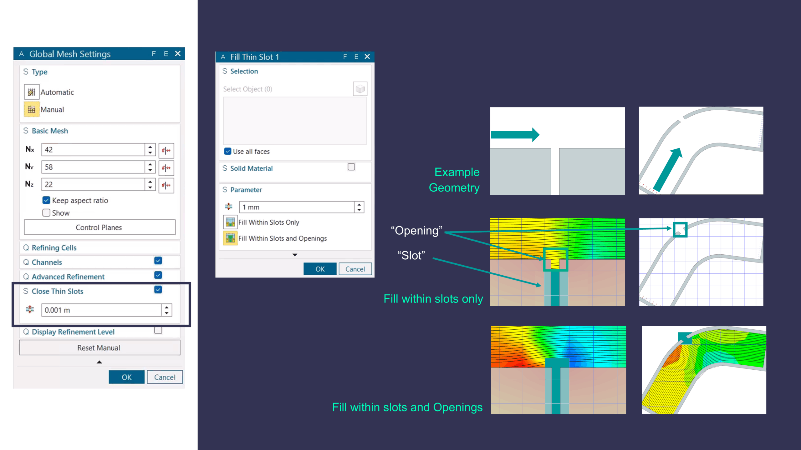 Fill Thin Slots settings in Simcenter FLOEFD 2512 to automatically seal CAD assemblies for internal flow simulation CFD studies