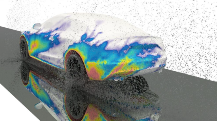 Spray simulation from car driving through rain water