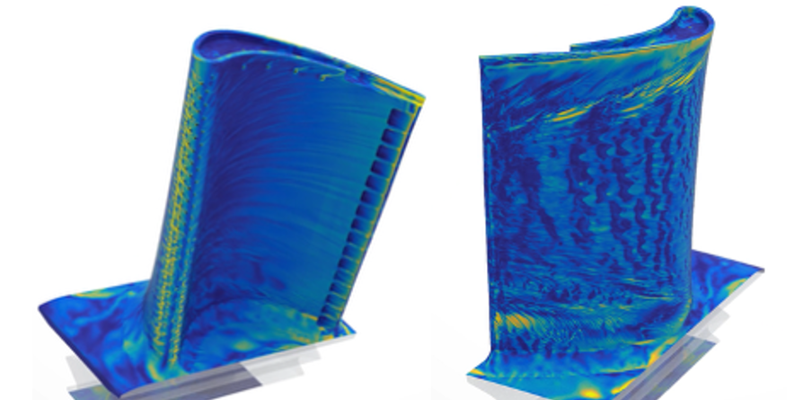 GPU-accelerated CFD analysis of turbine blade wall shear stress revealing cooling hole outlets, striations, and rollers
