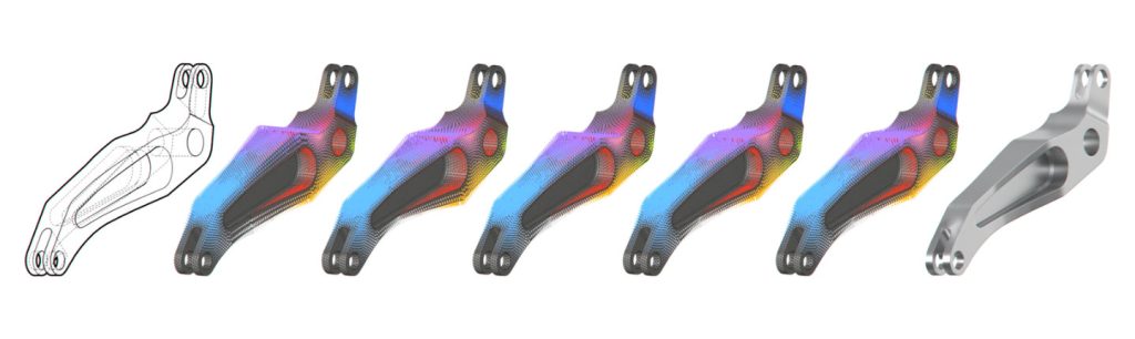A sequence of images of a suspension control arm showing a progression from a wireframe CAD outline on the left, through four intermediate mesh-based stress field predictions displayed in multicolor heat maps ranging from red to blue, to a final photorealistic silver metallic bracket on the right.