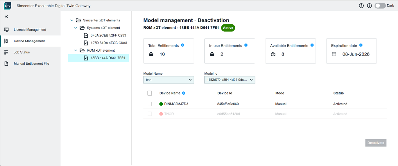 Simcenter Executable Digital Twin Gateway model management screen displaying entitlement usage, expiration details, and activation status of registered edge devices
