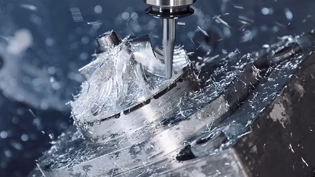 Close-up of a CNC milling tool actively cutting a metal workpiece, with metal shavings and coolant fluid spraying outward during high-speed machining