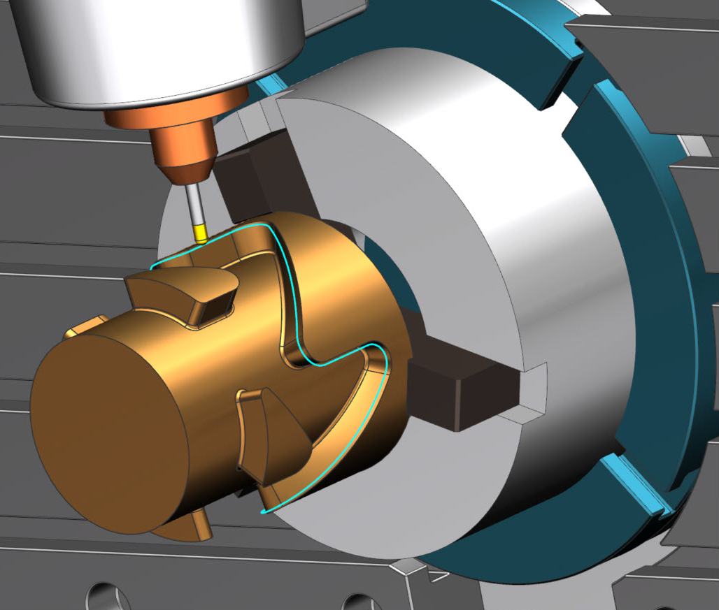 3D render of a CNC milling tool cutting a workpiece inside a machining centre