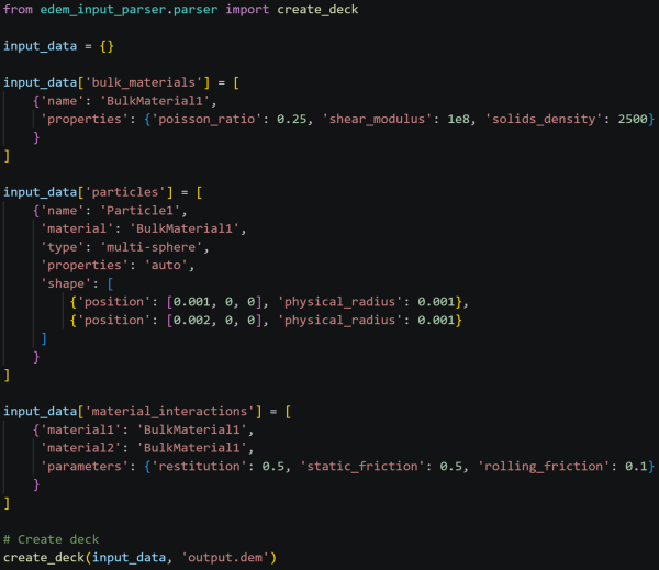 Example of an Simcenter EDEM configuration defined entirely as a Python dictionary