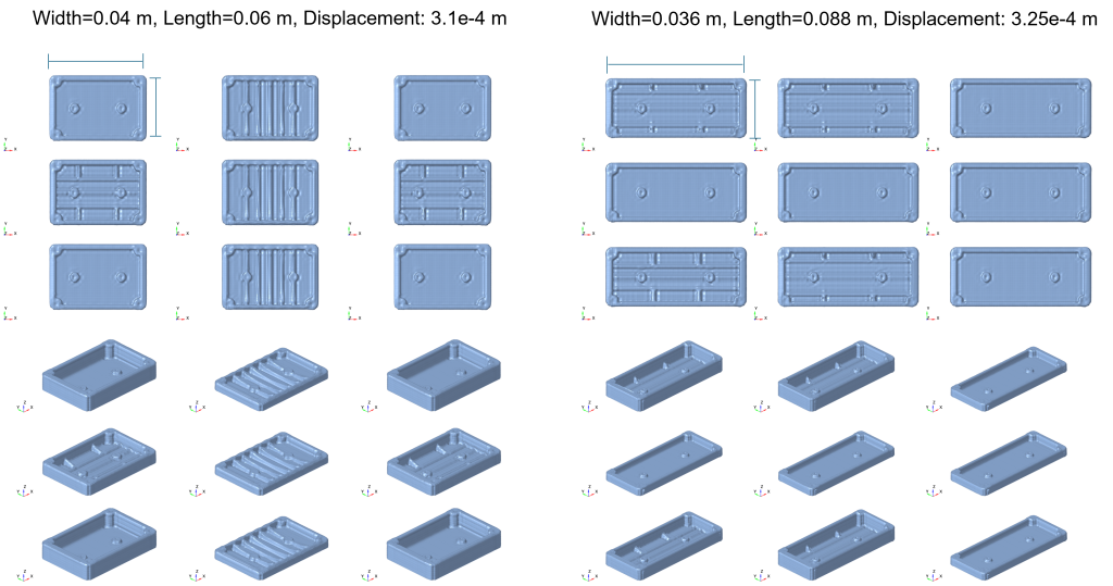 Simcenter PhysicsAI Generate training on varied electronics housing concepts conditioned on width, length, and structural displacement targets for concept design.