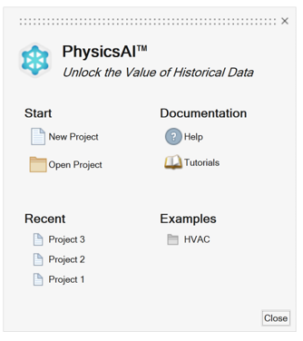 Simcenter PhysicsAI welcome dashboard showing Start, Documentation, Recent projects, and Examples