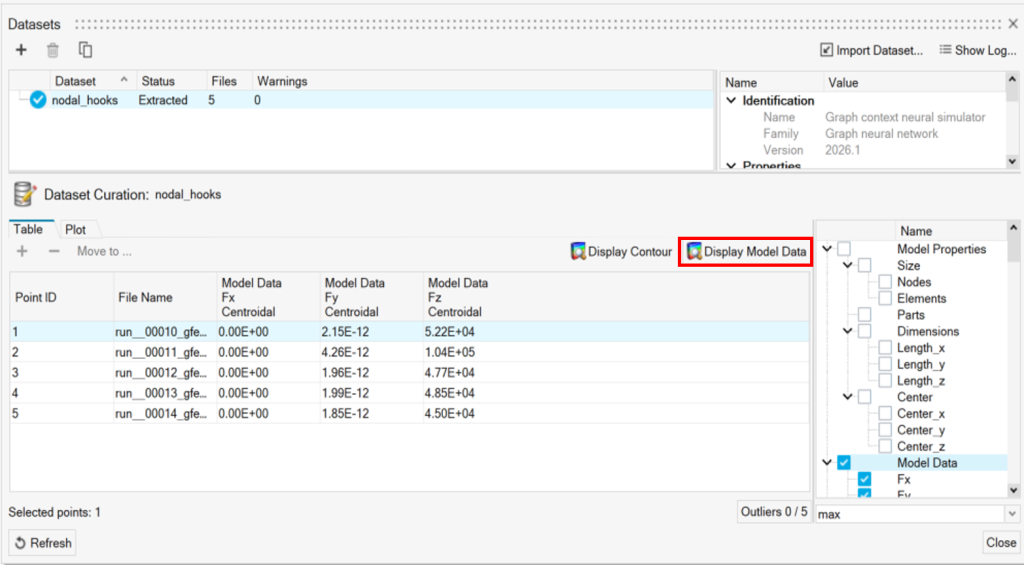Simcenter PhysicsAI dataset curation UI displaying nodal custom input features