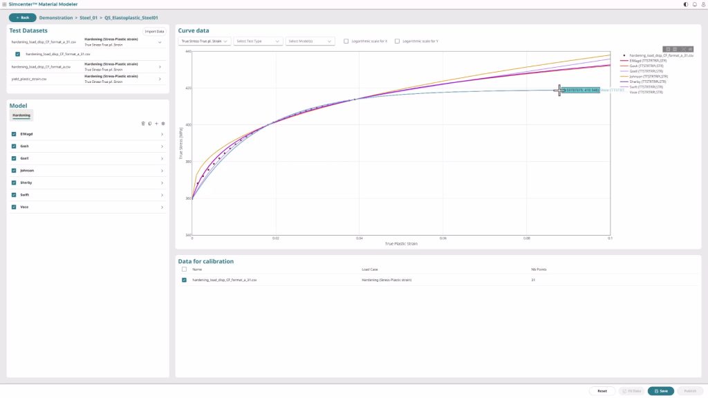 Elastoplastic material model calibration fitting multiple hardening laws - including Swift, Gosh, Johnson, and Voce for steel using Simcenter Material Modeler