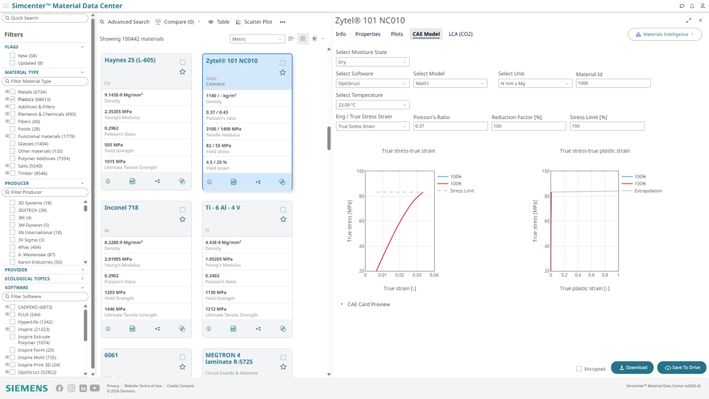 Simcenter Material Data Center serves as the centralized, secure backbone of material data governance — storing, versioning, and managing calibrated material models across simulation teams
