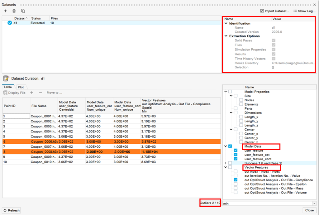Simcenter PhysicsAI dataset curation interface showing 2 outliers highlighted in orange with vector features and metadata displayed