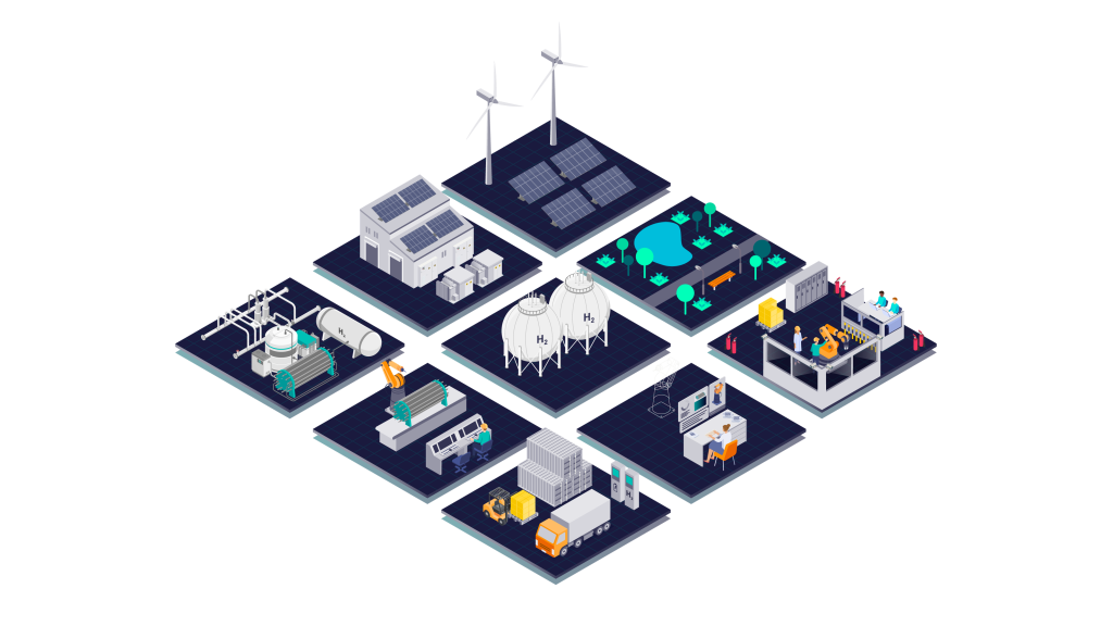 Isometric industrial scene showing Operational Technology, Information Technology, and external environment systems operating as separate, disconnected data worlds.