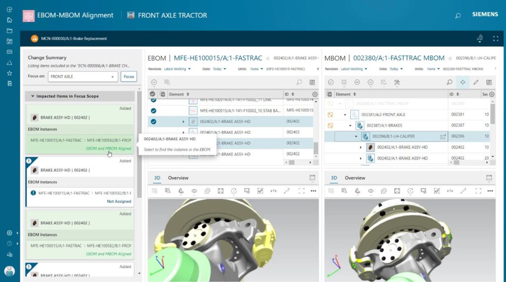 Aligning EBOM to MBOM as part of a change process with Siemens Teamcenter Easy Plan