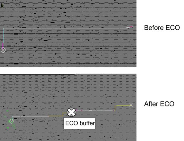 The path of a net before and after an ECO that required the addition of a buffer.