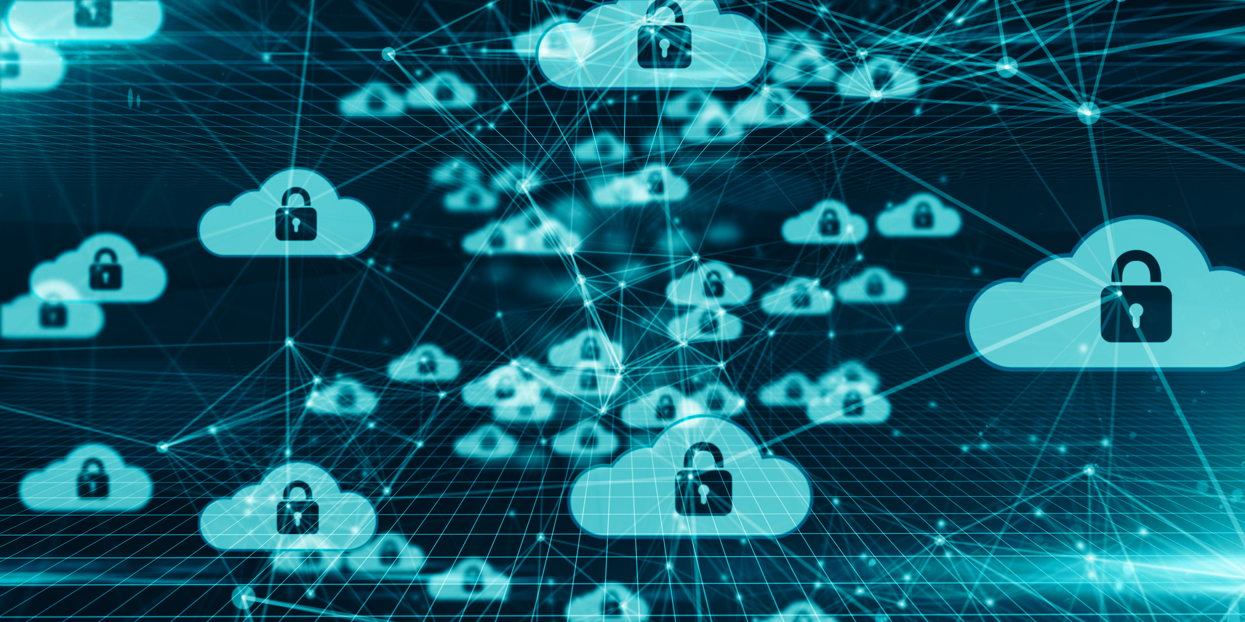 Abstract image of cloud icons and lock icons representing cybersecurity