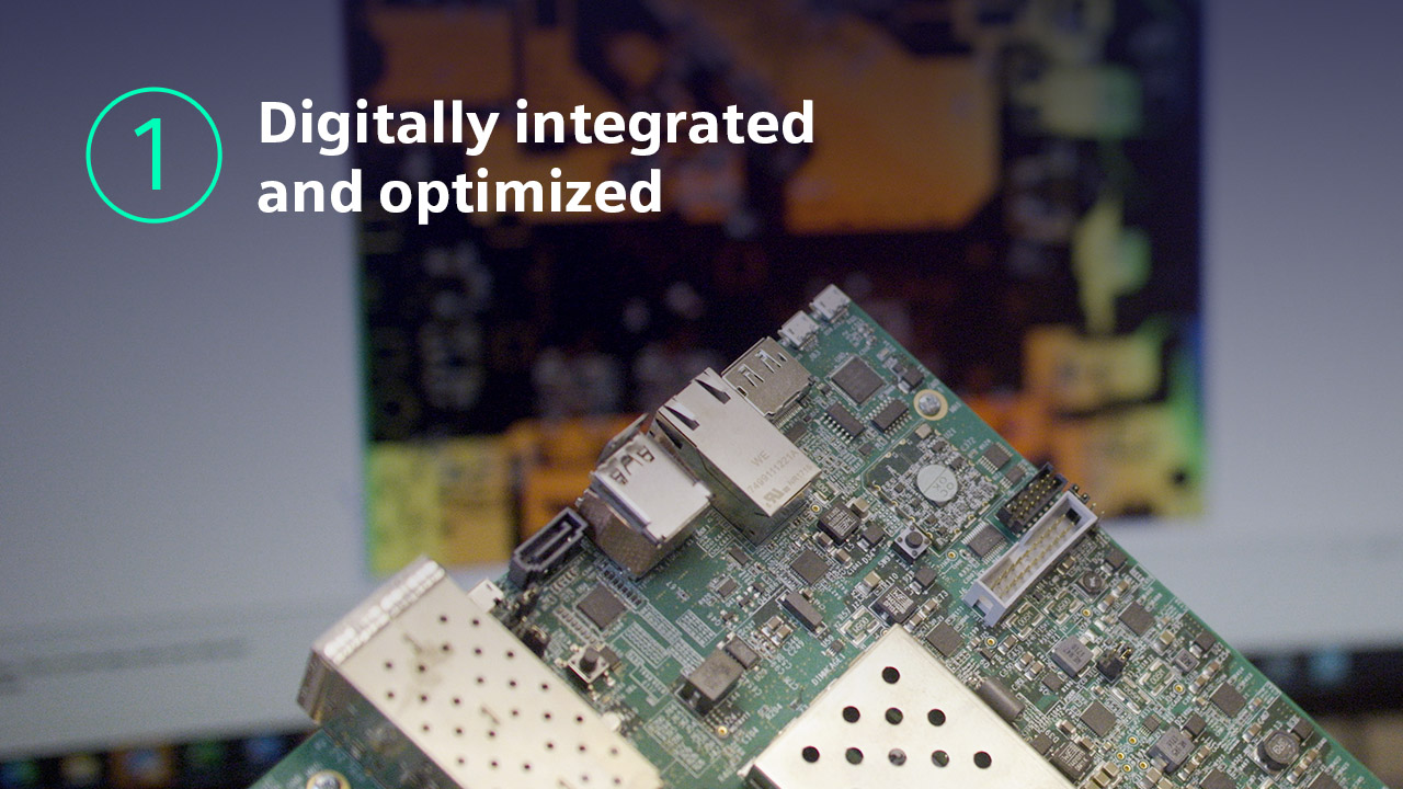 Image of a PCB with words that say Digitally integrated and optimized