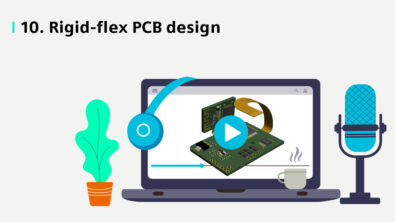 Illustration of a computer screen with text that says rigid-flex PCB design
