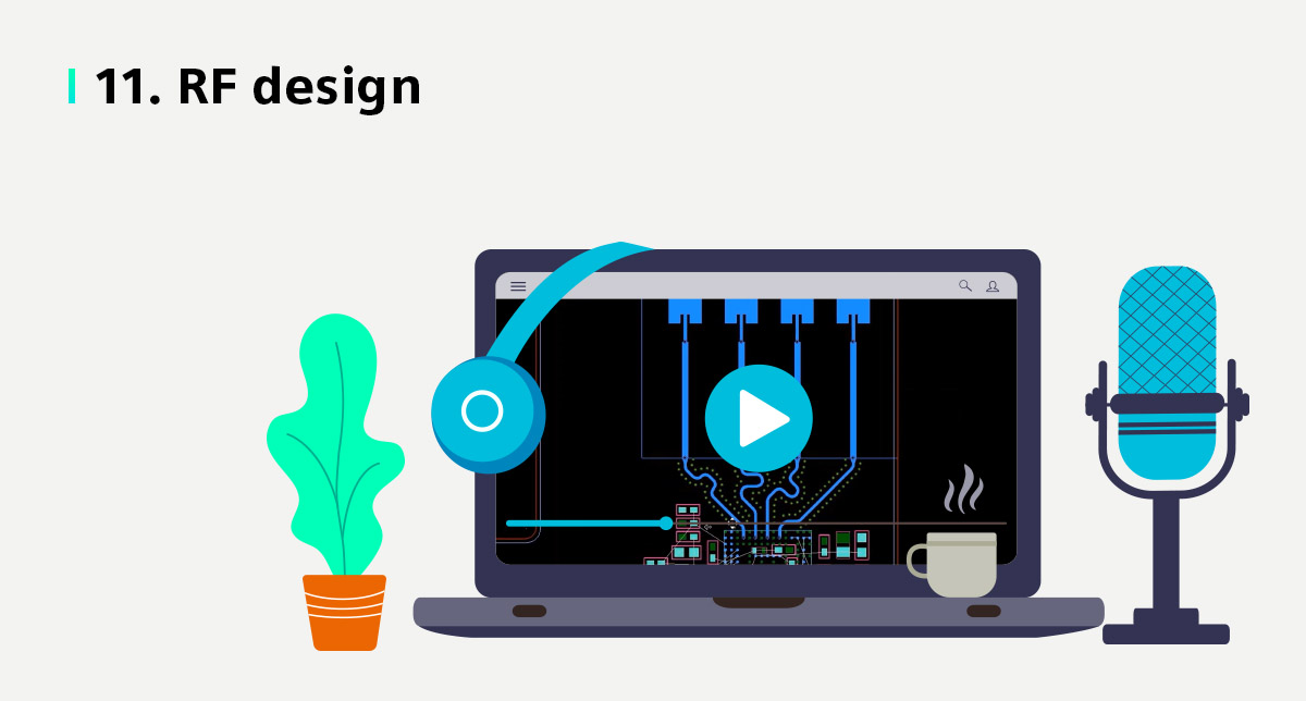 Illustration of a computer screen with a screen shot of the PADS Professional Premium software doing RF design