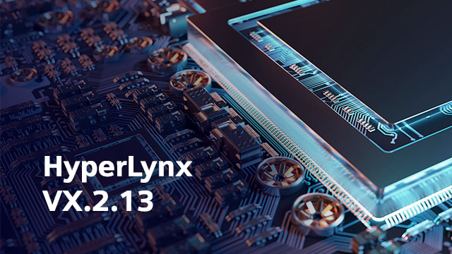 Image of a printed circuit board with text onscreen that says HyperLynx 2.13