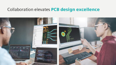 Image of two people using PADS Professional Premium at the same time with text that says Collaboration elevates PCB design excellence