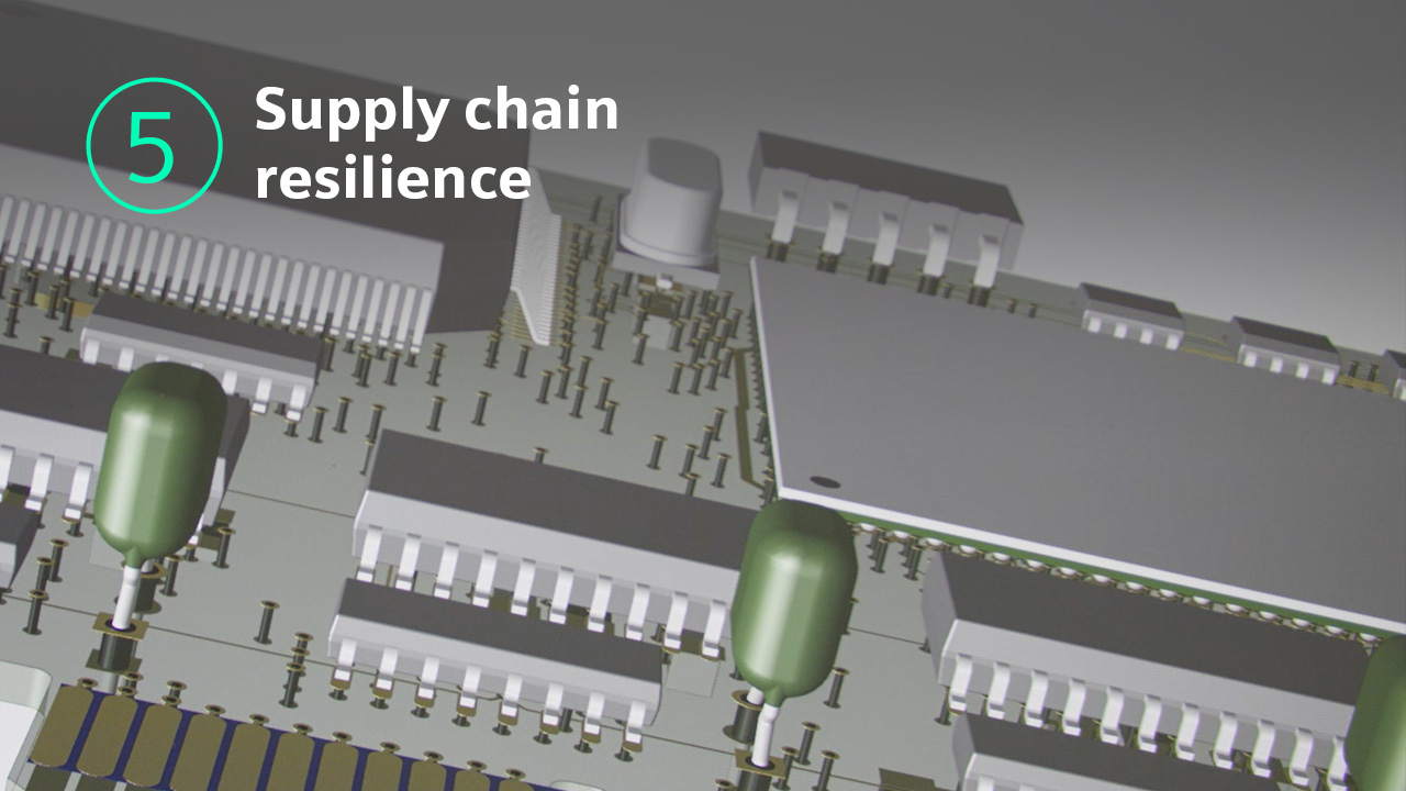 3D image of a rendered PCB with text that says supply chain resilience
