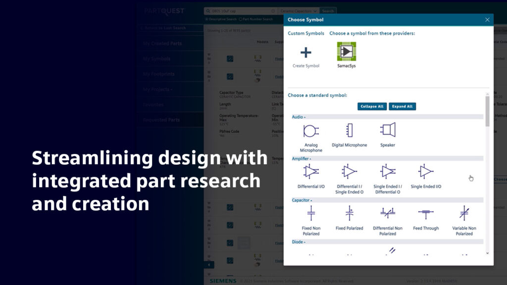 A screen capture of PartQuest Portal cloud application in action with text that says: Streamlining design with integrated part research and creation