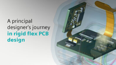 Rendering of a rigid flex PCB with text that says A principal designer's journey in rigid flex PCB design