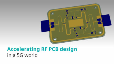 An image of a an RF PCB design in 3D in Xpedition with text that says "Accelerating RF PCB design in a 5G world"