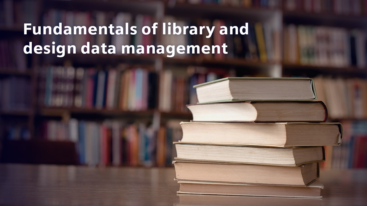 A picture of a library with text onscreen that says "fundamentals of library and design data management."