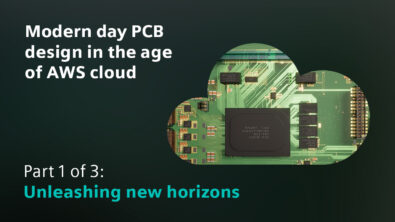 An image of a PCB in a cloud shape with text that says: Modern day PCB design in the age of AWS cloud (Part 1 of 3: Unleashing new horizons)