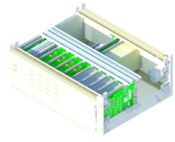 A 3D image of a mechanical enclosure for several printed circuit boards.