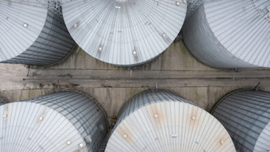 Aerial view of agricultural silos.