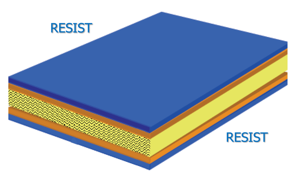 resist film over a PCB core dielectric material
