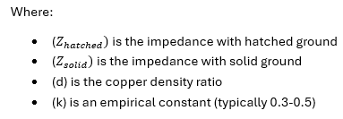 (is the impedance with hatched ground

(is the impedance with solid ground

(d) is the copper density ratio

(k) is an empirical constant (typically 0.3-0.5)