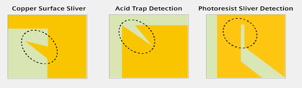 Figure 3: Copper surface Sliver, Acid Trap Detection and Photoresist Sliver Detection are three new checks added to Valor NPI in the 2604 release.