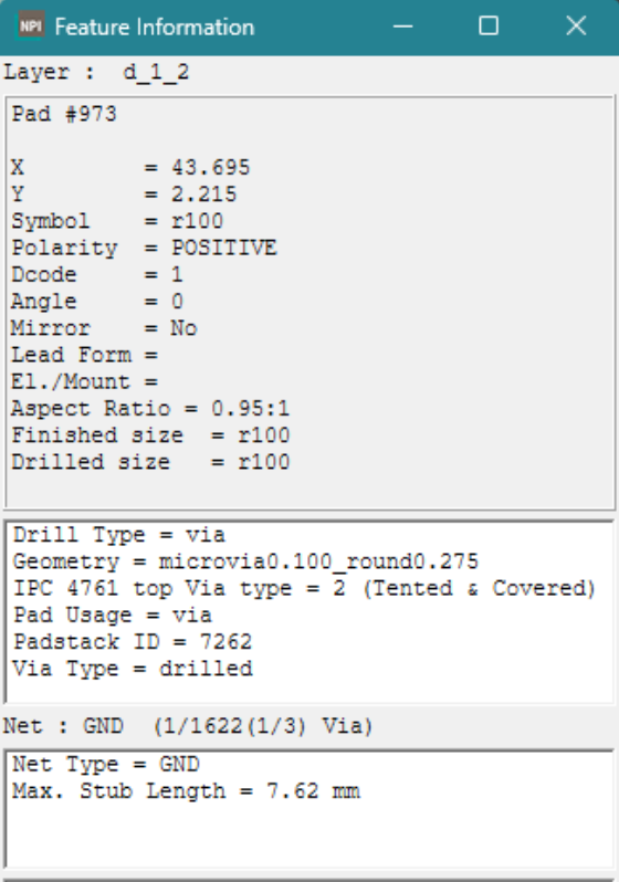 The IPC-4761 via type values are reflected in the vias drill type attribute and can be incorporated into analysis constraints.