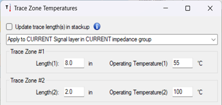 Figure 3: Trace zone temperature allows users to build out temperature regions across the board. In this case, 2” under the chip at 100°C and 8” outside of the chip at 55°C