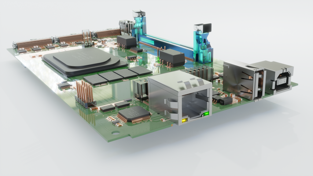A 3D rendering of a printed circuit board