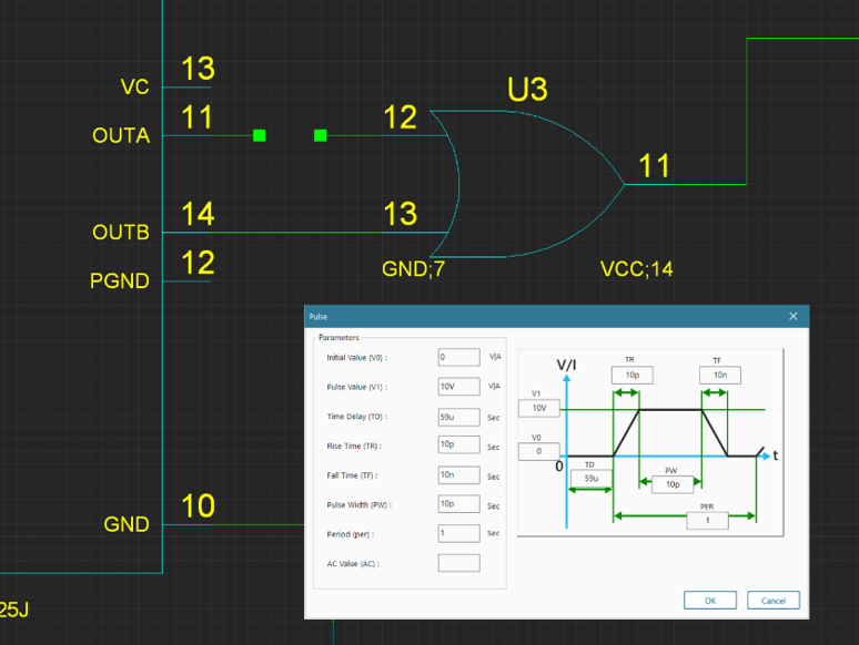 Figure 2: Injecting voltage spike into the "OUTA" net of a circuit, which feeds into a logic gate U3