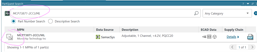 Screenshot showing Part search