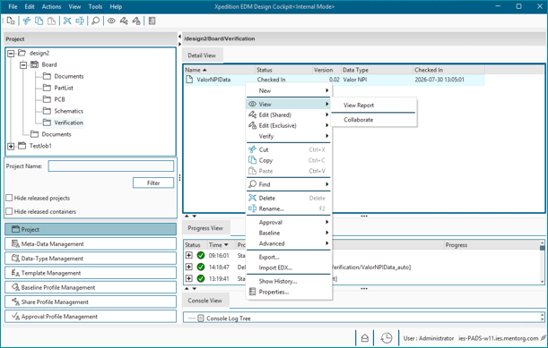 Figure XX: Valor NPI 2610 EDM integration allows verification to be run on the current Layout data, or on existing Valor NPI Data or view the MRA report.