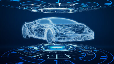 Automotive. Creative glowing car hologram interface on dark blue background. Transport diagnostics and futuristic technology concept. 3D Rendering