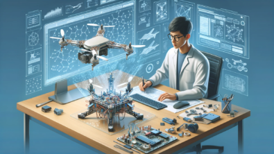 Illustration of an engineer of East Asian descent at a workstation engaged in generative AI design on floating digital screens, with a detailed physical model of a drone with exposed circuitry and mechanical parts on the desk beside them. The model reflects the generative AI's output, showcasing the practical application of the AI's computations in real-world engineering.