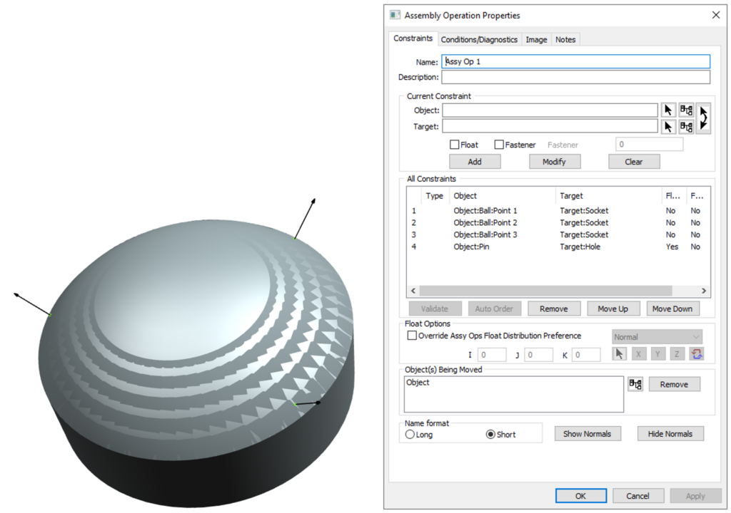Image of spherical feature assembly operation properties in model-based-quality software from Siemens.