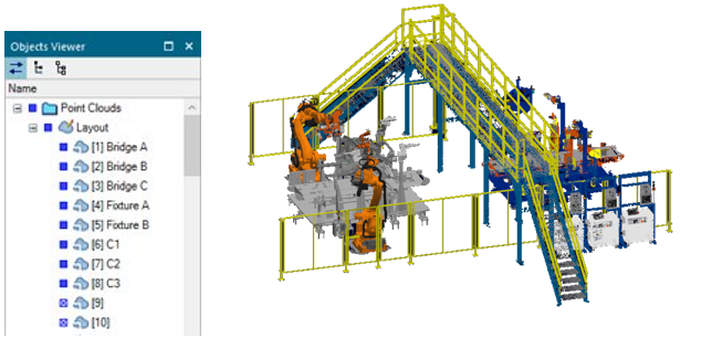 Display of the object viewer and a robotic welding 3D simulation model in Process Simulate software.