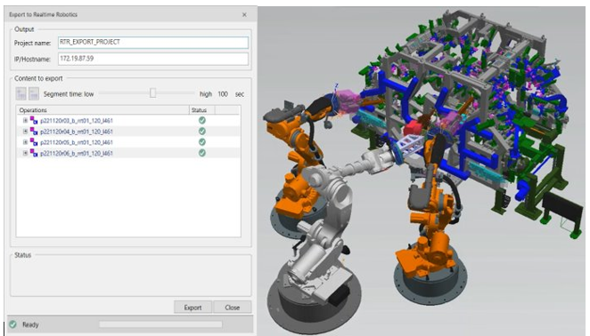 Display of Realtime Robotics integration in a 3D robotics simulation model using a Process Simulate software.