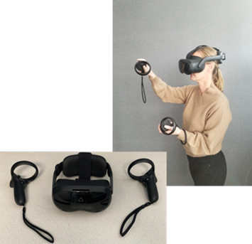 Image of a woman wearing HTC VIVE Focus 3 virtual reality headset immersed in a Process Simulate 3D software model.